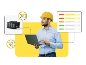 Field service worker using a laptop beside illustrations of HVAC equipment and a job status board